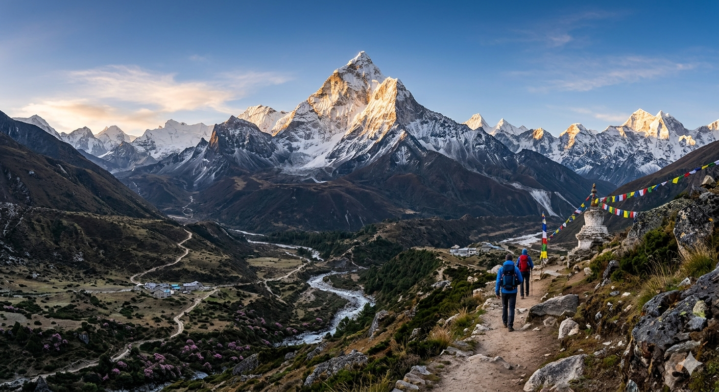 Mountain landscape with golden hour lighting